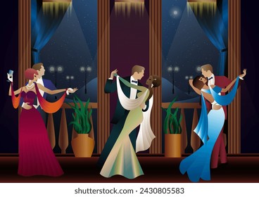 Man and woman dancing on the background of a balcony and lanterns, party, art deco, couple in retro style