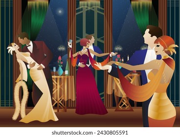 Man and woman dancing on the background of a balcony and lanterns, party, art deco, couple in retro style