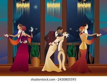 Hombre y mujer bailando en el fondo de un balcón y faroles, fiesta, art deco, pareja en estilo retro