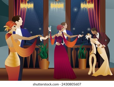Man and woman dancing on the background of a balcony and lanterns, party, art deco, couple in retro style