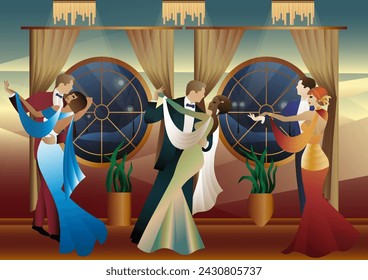 Man and woman dancing on the background of a window and lanterns, party, art deco, couple in retro style