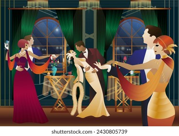 Man and woman dancing on the background of a window and lanterns, party, art deco, couple in retro style