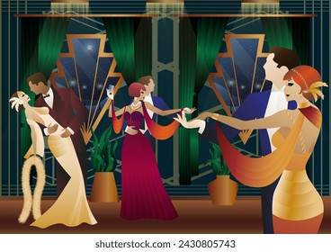 Man and woman dancing on the background of a window and lanterns, party, art deco, couple in retro style
