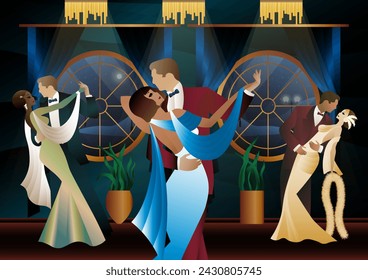 Man and woman dancing on the background of a window and lanterns, party, art deco, couple in retro style