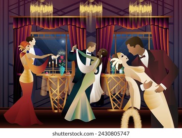 Man and woman dancing on the background of a window and lanterns, party, art deco, couple in retro style