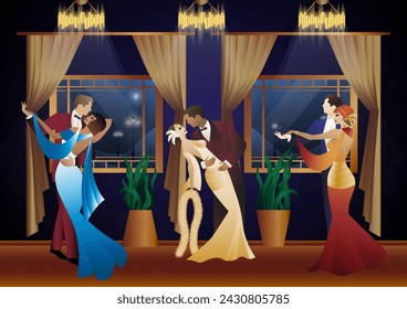 Man and woman dancing on the background of a window and lanterns, party, art deco, couple in retro style