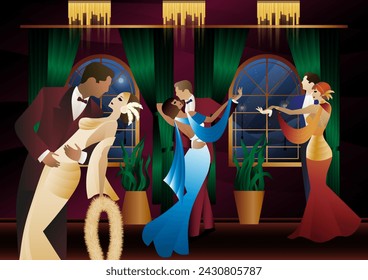 Man and woman dancing on the background of a window and lanterns, party, art deco, couple in retro style