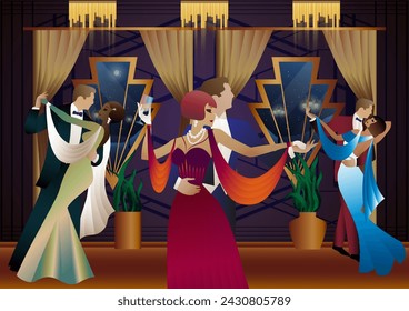Man and woman dancing on the background of a window and lanterns, party, art deco, couple in retro style