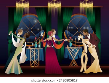 Man and woman dancing on the background of a window and lanterns, party, art deco, couple in retro style
