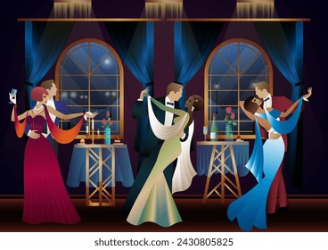 Hombre y mujer bailando en el fondo de una ventana y linternas, fiesta, art deco, pareja en estilo retro