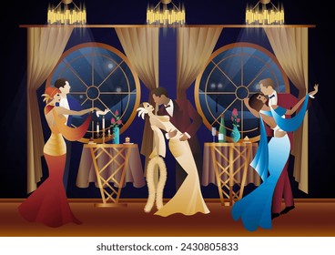 Man and woman dancing on the background of a window and lanterns, party, art deco, couple in retro style