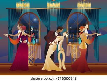 Man and woman dancing on the background of a window and lanterns, party, art deco, couple in retro style