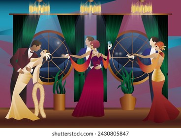 Man and woman dancing on the background of a window and lanterns, party, art deco, couple in retro style
