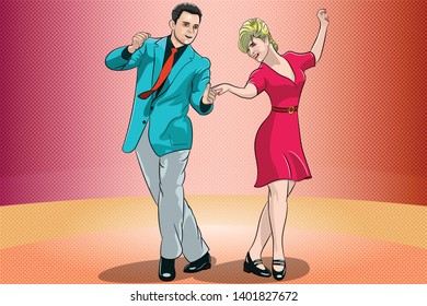 A man and a woman are dancing on the dance floor rock and roll. Vector image on orange background