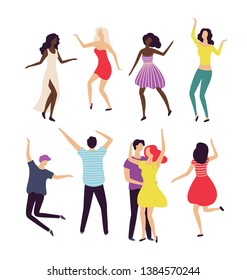 Man and woman dancing in pair, people moving together, holding each other, female rising hands, character on dance floor, full length view of dancer vector