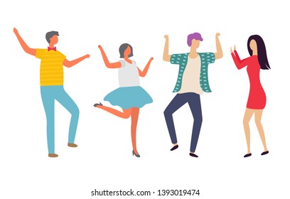 Man and woman dancing in pair, people moving together, holding each other, female rising hands, character on dance floor, full length view of dancer vector