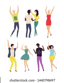 Man and woman dancing in pair, people moving together, holding each other, female rising hands, character on dance floor, full length view of dancer vector