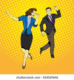 Man and woman dancing with paper documents flying around. Vector illustration in comics retro pop art style.