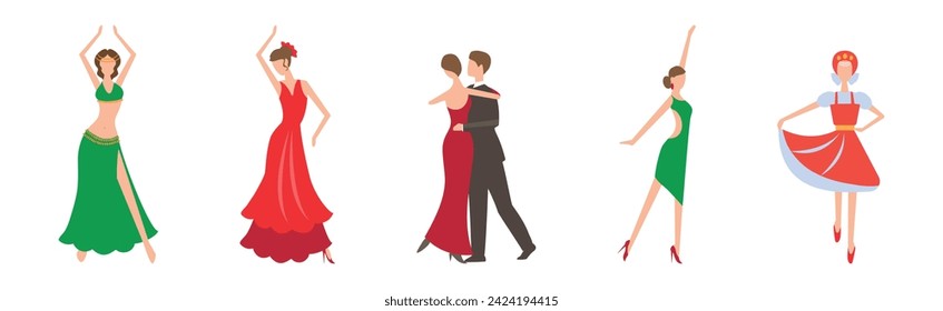 Man and Woman Dancing Performing on Stage in Different Outfit Vector Set