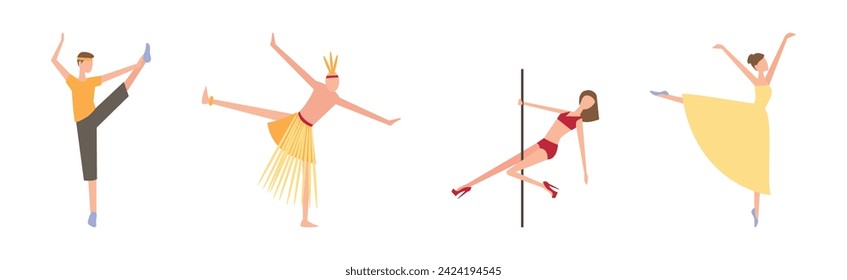 Man and Woman Dancing Performing on Stage in Different Outfit Vector Set
