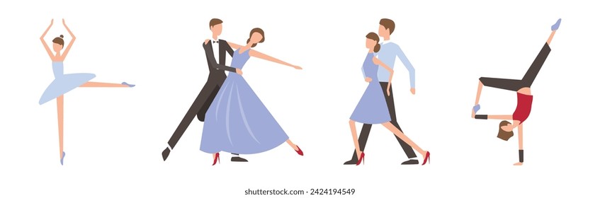Man and Woman Dancing Performing on Stage in Different Outfit Vector Set