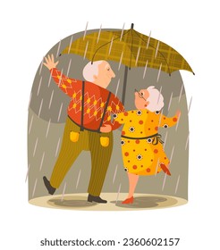 Hombre y mujer bailando bajo la lluvia bajo el paraguas. Feliz concepto de vejez y jubilación. Caminata romántica para una pareja mayor. Ilustración vectorial plana en colores amarillo y naranja