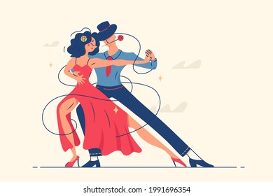 Man and woman dancing romantic tango vector illustration. Female in red dress and man in suit with rose in teeth flat style. Dance class, art, leisure, tango concept. Isolated on beige background