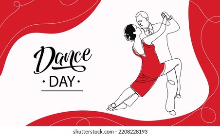 A man and a woman dancing a romantic tango vector illustration is drawn with one line. Dance day. A woman in a red dress Dance class, leisure, tango concept.