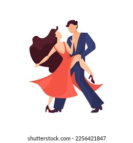 Man and woman dancing salsa vector illustration. Couple of male and female Latino or merengue dancers in red and blue costumes at party or club on white background. Performance, music concept