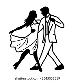 A man and a woman dancing silhouette, Hand drawn New Years Eve Celebration party graphic illustration isolated on white background color editable 