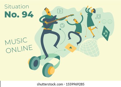 Man and woman dancing, singing, having fun. Headphones with music on the Internet. Flat illustration design for presentation, web page, landing page, infographic.