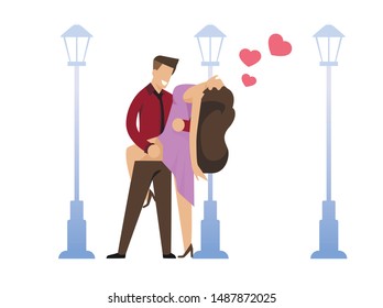 Man and Woman Dancing in Street under Lantern Light. Loving Couple on Romantic Dating. Boyfriend and Girlfriend Embracing and Kissing. People Characters Falling in Love Vector Flat Illustration