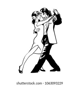 Man and woman dancing tango. Black and white. Isolated. Digital Sketch Hand Drawing Vector. Illustration.