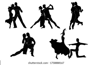 Man and woman dancing tango. Black silhouettes on white background.  Milonga party. People lifestyle. Vector illustration. 