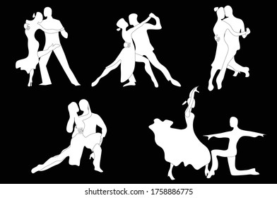 Man and woman dancing tango. White silhouettes on black background.  Milonga party. People lifestyle. Vector illustration. 