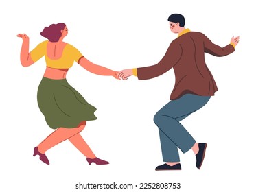 Man and woman dancing together, isolated pair of boyfriend and girlfriend practicing movements learning in class. Professional dancers or performers wearing formal costumes. Vector in flat style