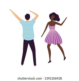 Man and woman dancing together vector, people having fun in night club. Partying couple wearing best clothes and costumes, clubbers smiling moving