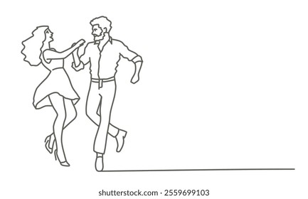 Man and a woman are dancing together. The man is wearing a white shirt and the woman is wearing a dress. Hand drawn vector illustration. Black and white.