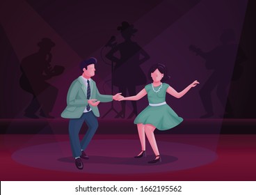 Man and woman dancing twist flat color vector illustration. Swing dance performers on stage 2D cartoon characters. Couple at vintage revival party with audience shadows on background