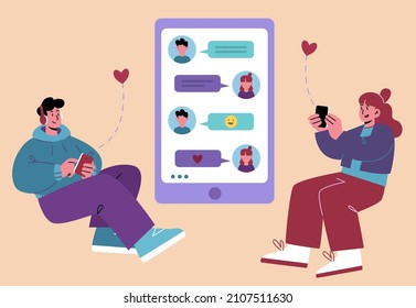Man and woman dating online, virtual love chat. Young male, female characters sit at huge smartphone screen send messages to each other. Loving relations in internet, Line art flat vector illustration
