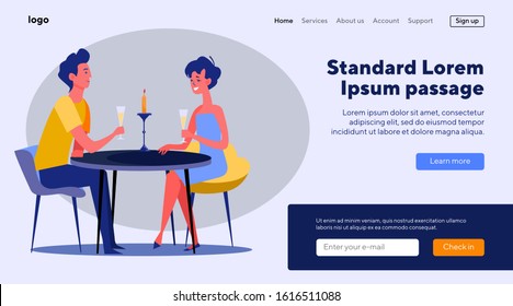 Man and woman dating in restaurant. Young couple drinking alcohol in cafe flat vector illustration. Date, romantic evening, concept for banner, website design or landing web page