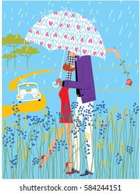 Man and woman dating under the umbrella with hearts pattern under the rain in a field. Romantic car trip. Vector illustration. Love couple  Aquarius horoscope sign. 