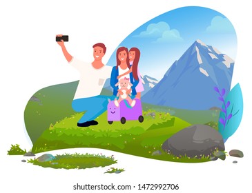 Man and woman with daughter taking selfie in mountains vector. Outdoor activity, family traveling with baggage and bunny toy, wild nature and smartphone. Mountain tourism. Flat cartoon