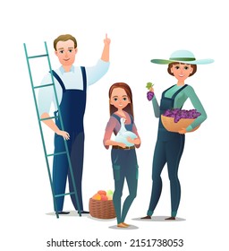 Man and woman and daughter villager farmer in overalls. Agricultural worker. Cheerful person. Standing pose. Cartoon comic style. Illustration isolated white background. Vector