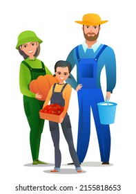Man and woman and daughter villager farmer in overalls. Agricultural worker. Cheerful person. Standing pose. Cartoon comic style. Illustration isolated white background. Vector