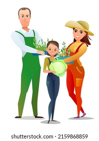 Man and woman and daughter villager farmer in overalls. Agricultural worker. Cheerful person. Standing pose. Cartoon comic style. Illustration isolated white background. Vector.