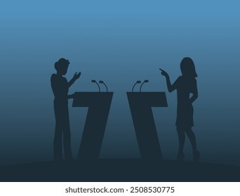 man and woman debating, Concept of political debate with two candidates behind their desks, who are fighting for leadership and gaining power, calling on voters to vote for them.