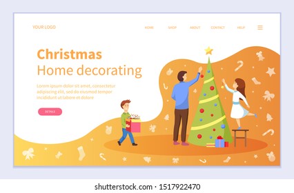 Man and woman decorating Christmas tree with garland and balls at home. Family Xmas preparation with toys, traditional symbol of winter holiday. Webpage or landing page template flat style vector