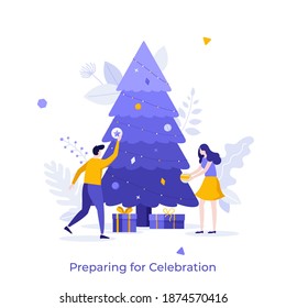 Man and woman decorating Christmas tree with baubles and garlands. Concept of preparation for New Year's eve or Xmas party, holiday celebration. Modern flat vector illustration for banner, poster.