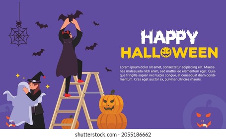 MAN AND WOMAN DECORATING FOR HALLOWEEN PARTY